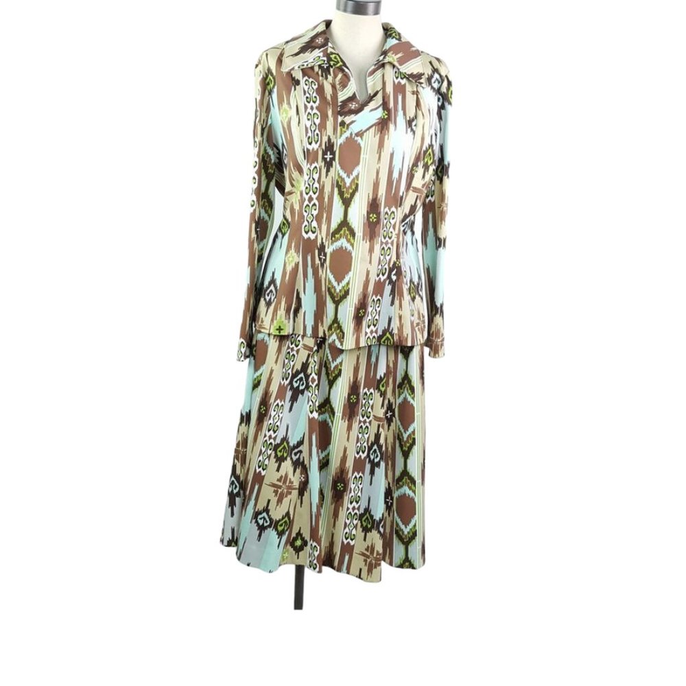 Vintage Ensemble women sz 18 mint brown green Dress Blouse and Pullover skirt